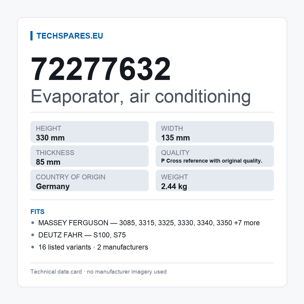 Evaporator, air conditioning 72277632 — technical data card