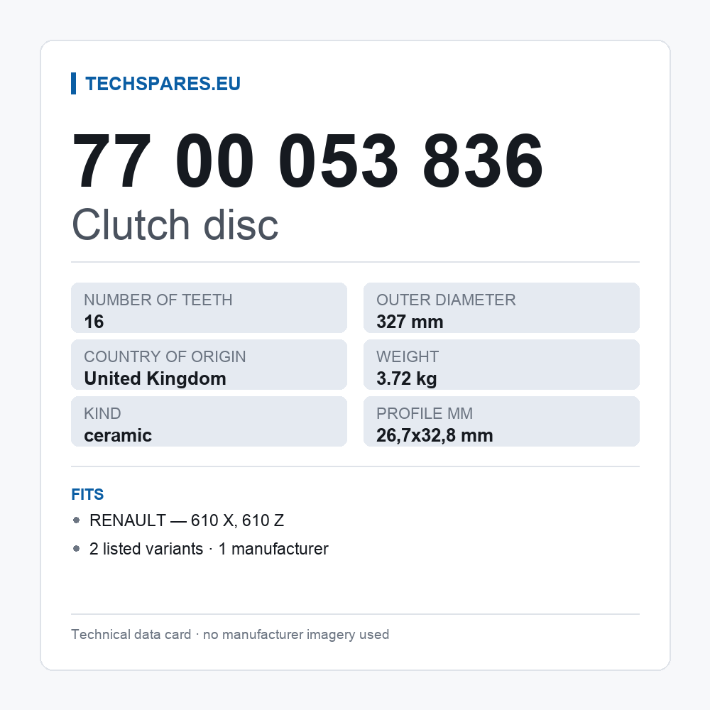 Clutch disc 77 00 053 836 — technical data card