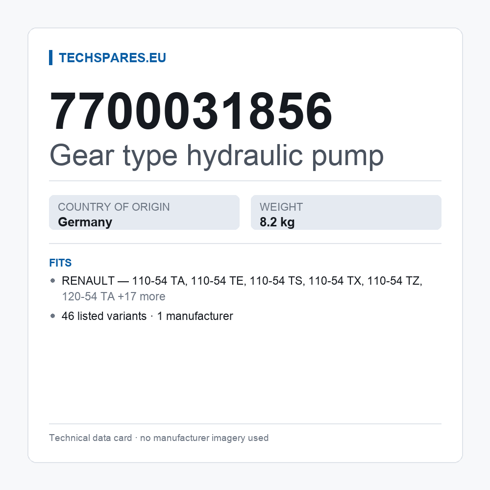 Gear type hydraulic pump 7700031856 — technical data card