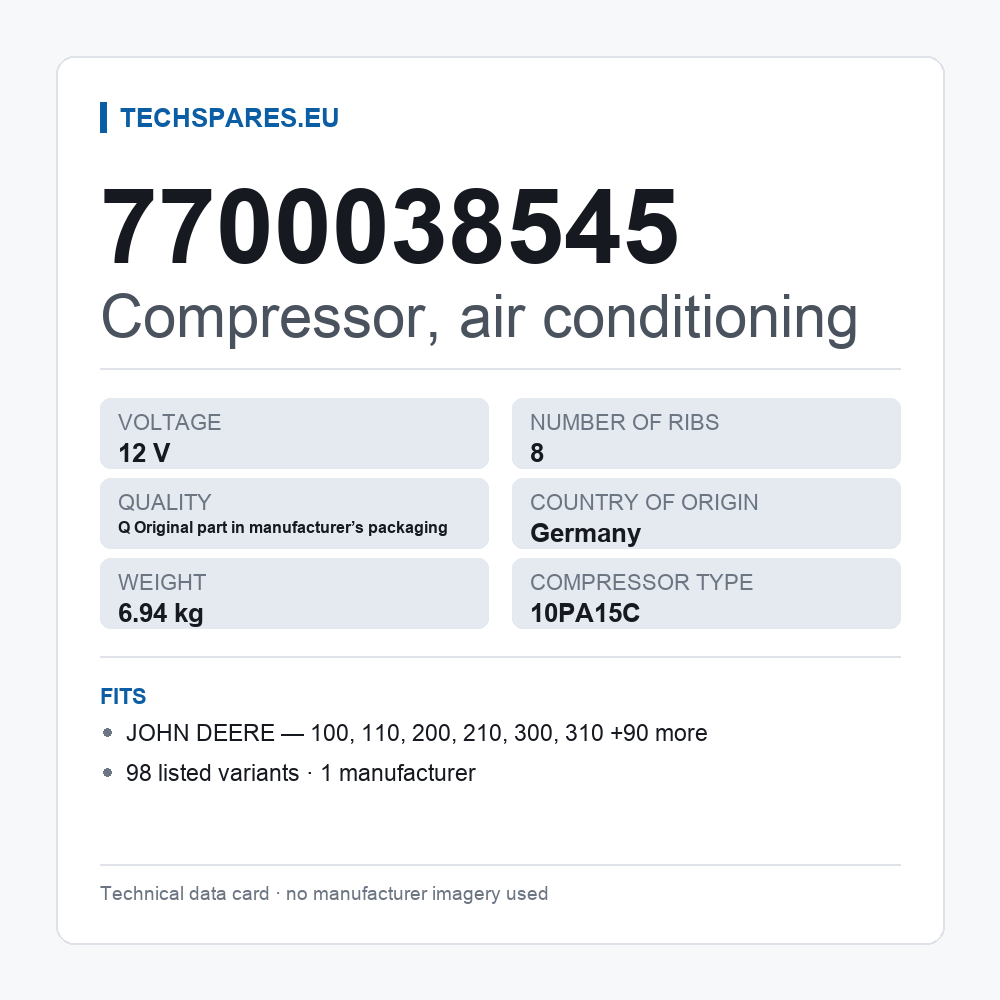 Kompressor, klimaanlæg 7700038545 — teknisk datablad