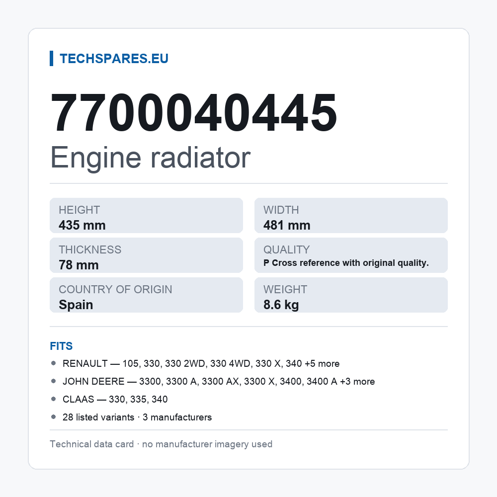 Engine radiator 7700040445 — technical data card