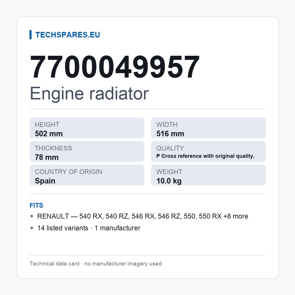 Engine radiator 7700049957 — technical data card