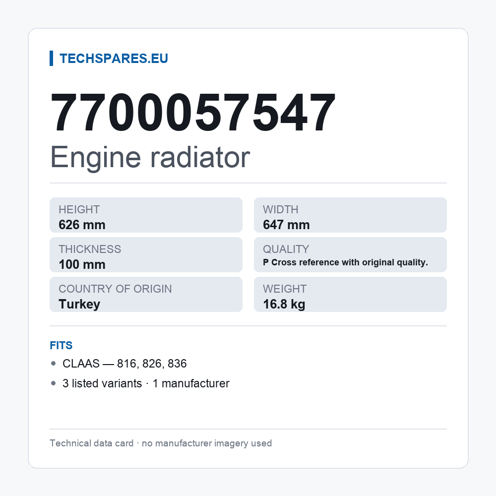 Engine radiator 7700057547 — technical data card