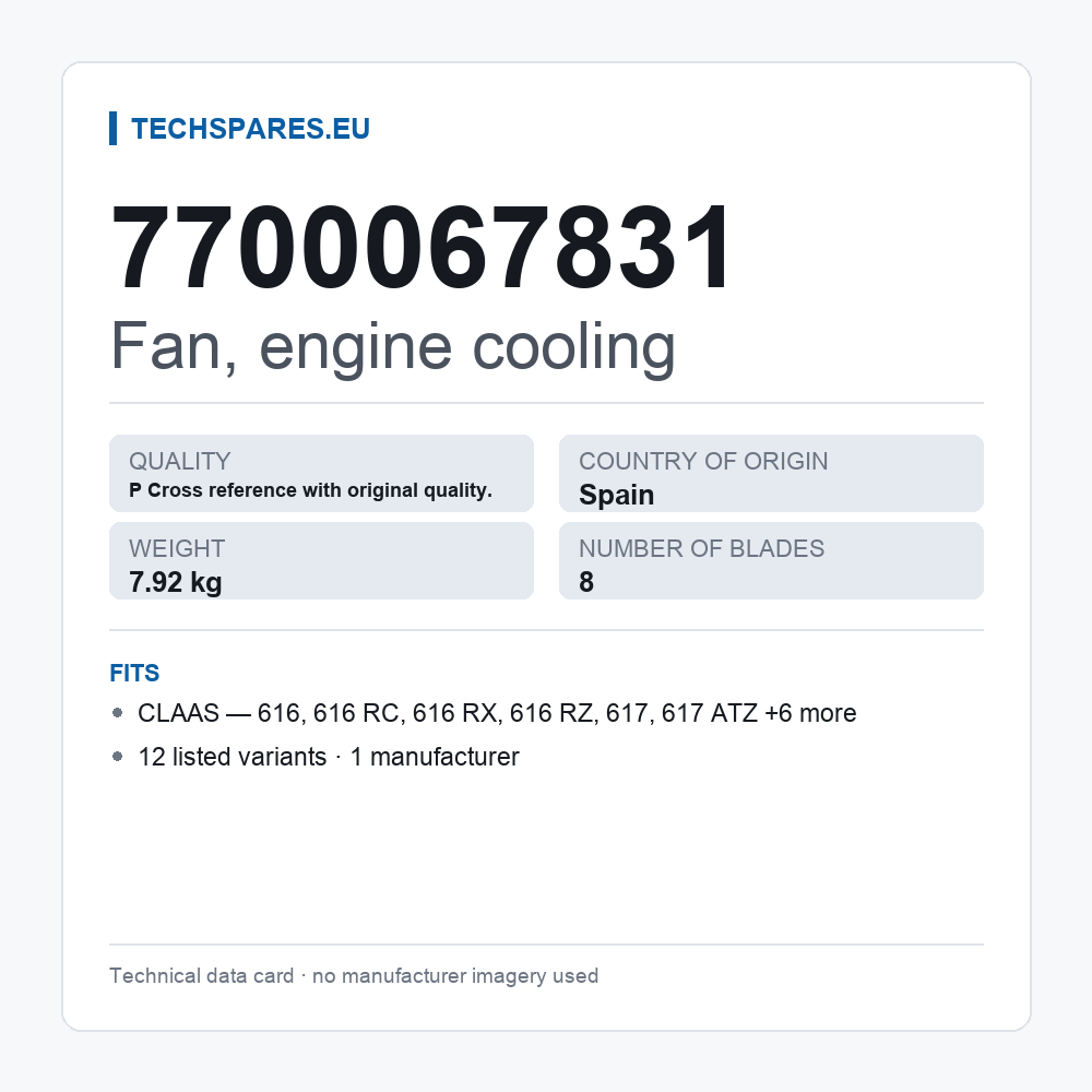 Fan, engine cooling 7700067831 — technical data card