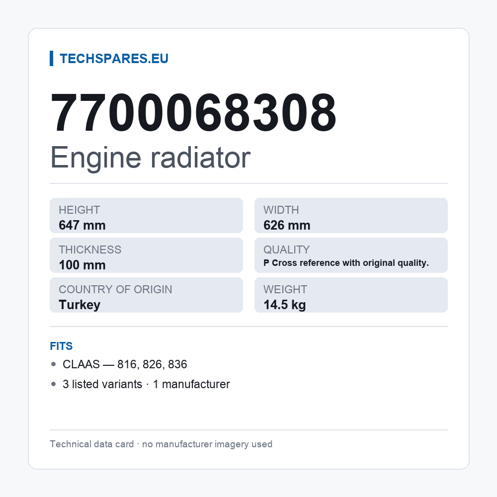Engine radiator 7700068308 — technical data card