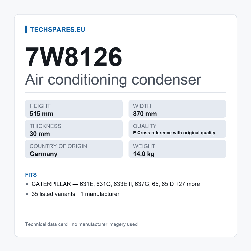 Air conditioning condenser 7W8126 — technical data card