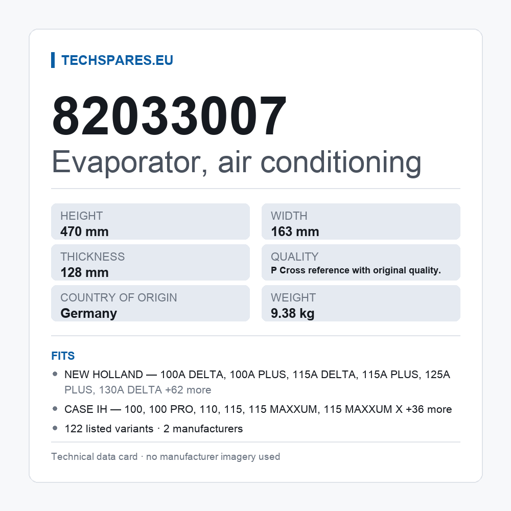 Evaporator, air conditioning 82033007 — technical data card