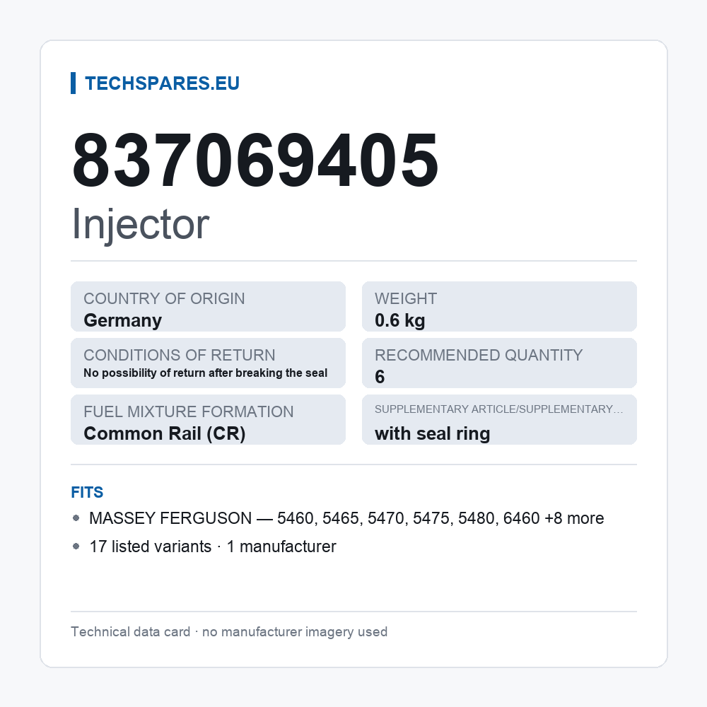 Injector 837069405 — technical data card