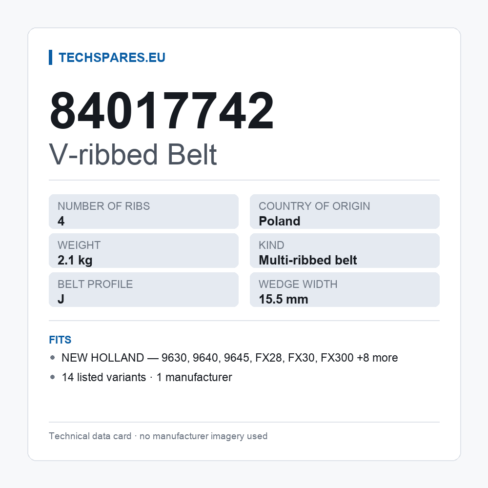V-ribbed Belt 84017742 — technical data card