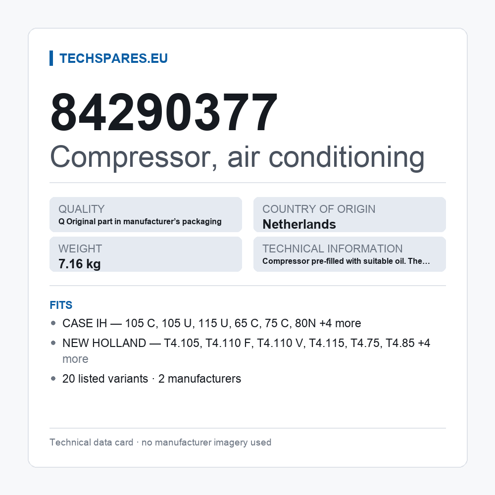 Compressor, air conditioning 84290377 — technical data card