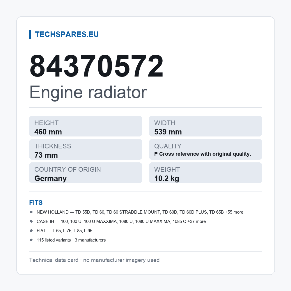 Engine radiator 84370572 — technical data card