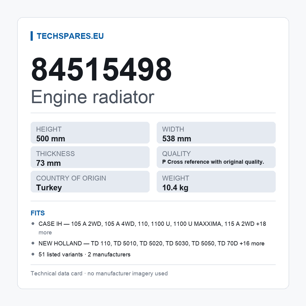 Engine radiator 84515498 — technical data card