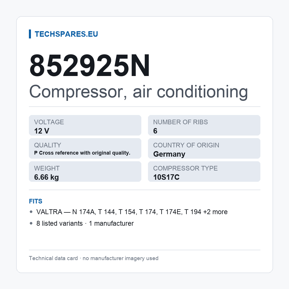 Compressor, air conditioning 852925N — technical data card