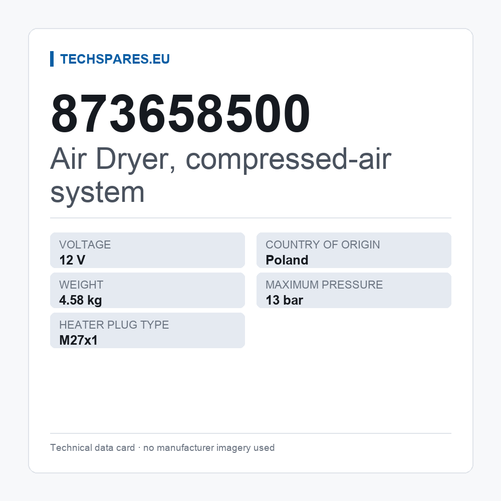 Air Dryer, compressed-air system 873658500 — technical data card