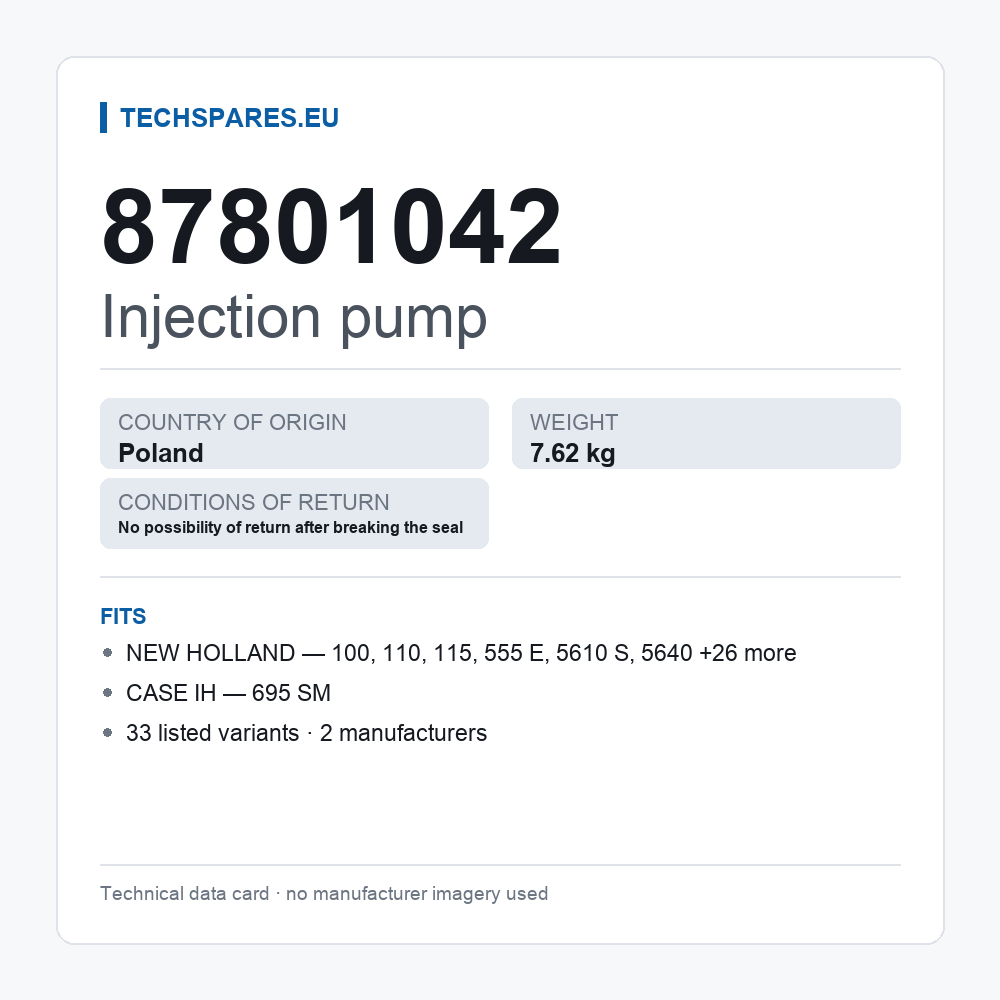 Injection pump 87801042 — technical data card