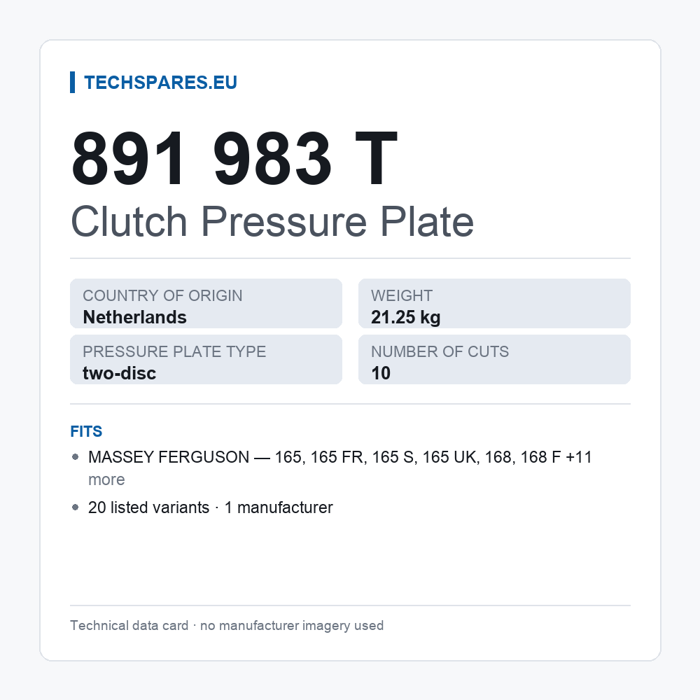 Clutch Pressure Plate 891 983 T — technical data card