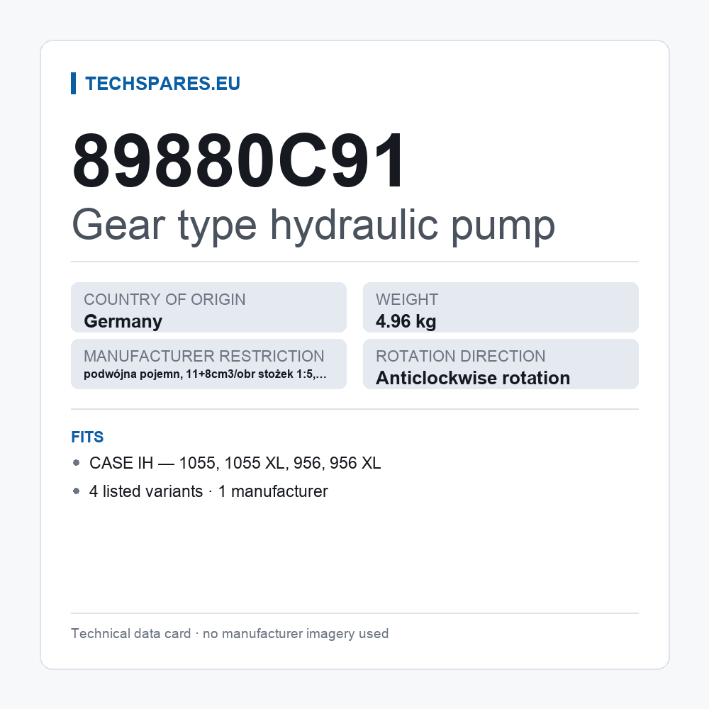 Gear type hydraulic pump 89880C91 — technical data card