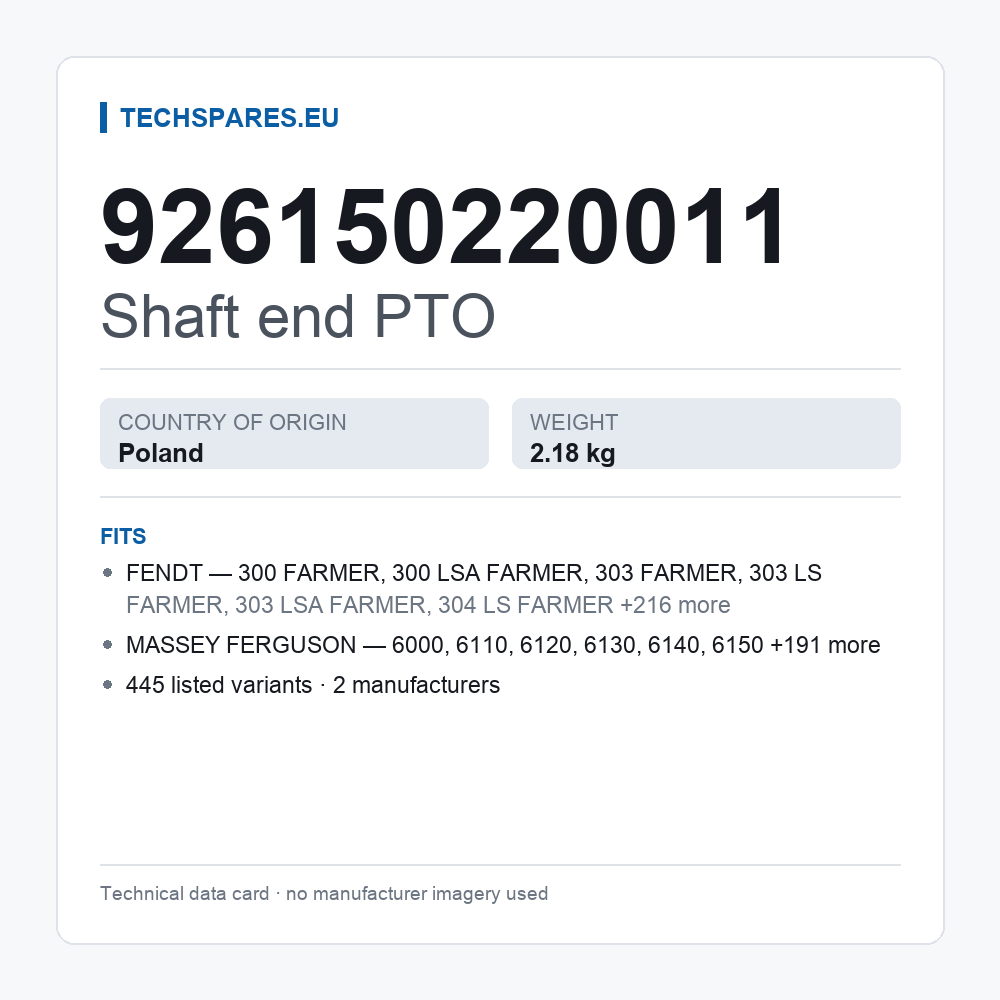 Shaft end PTO 926150220011 — technical data card