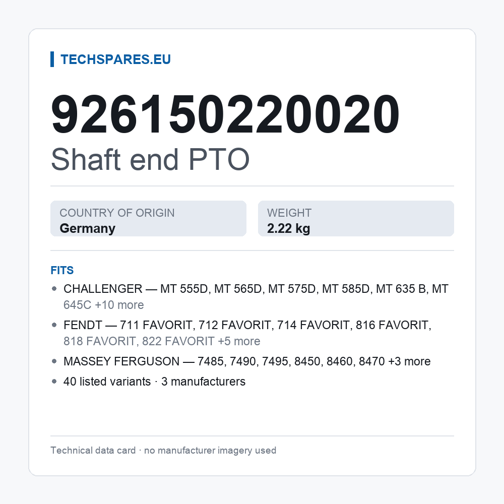 Shaft end PTO 926150220020 — technical data card