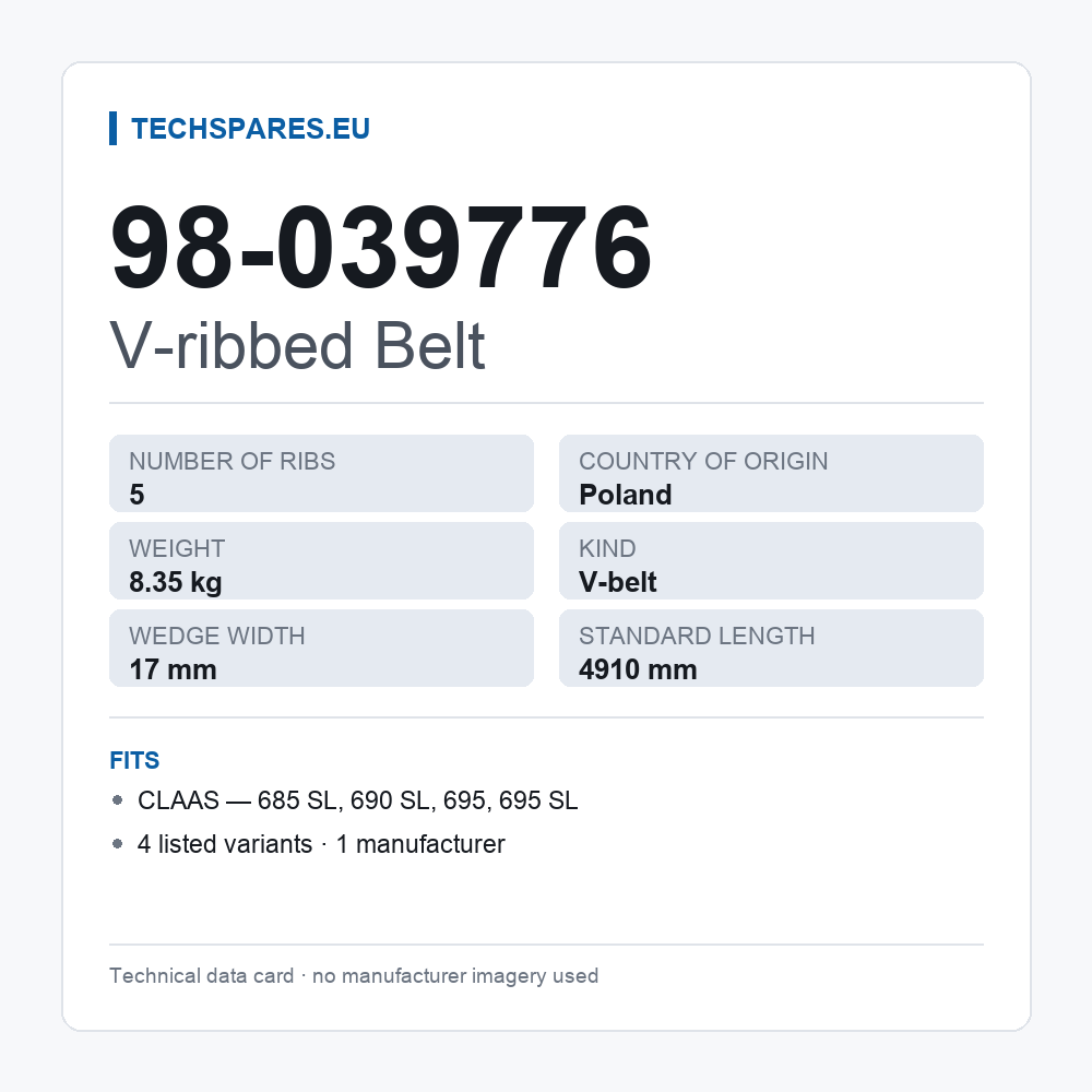 V-ribbed Belt 98-039776 — technical data card