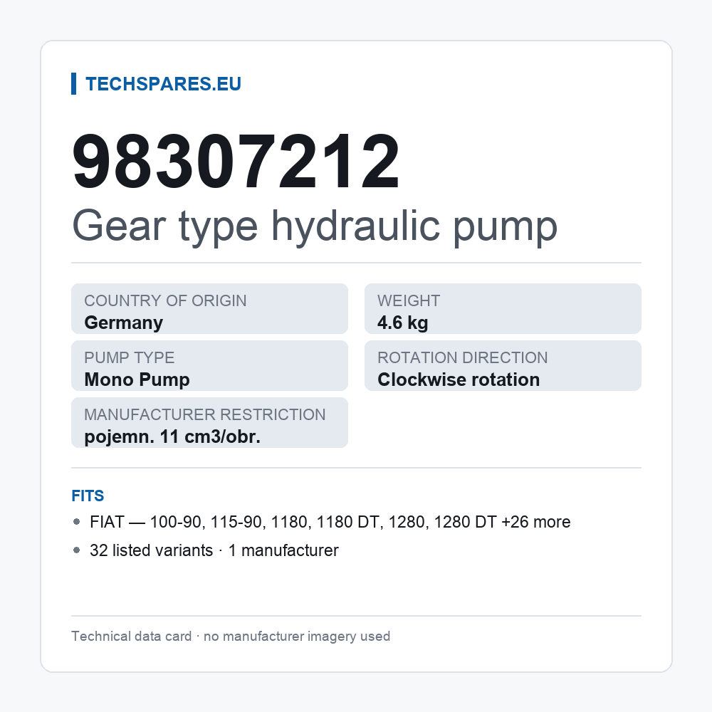 Gear type hydraulic pump 98307212 — technical data card