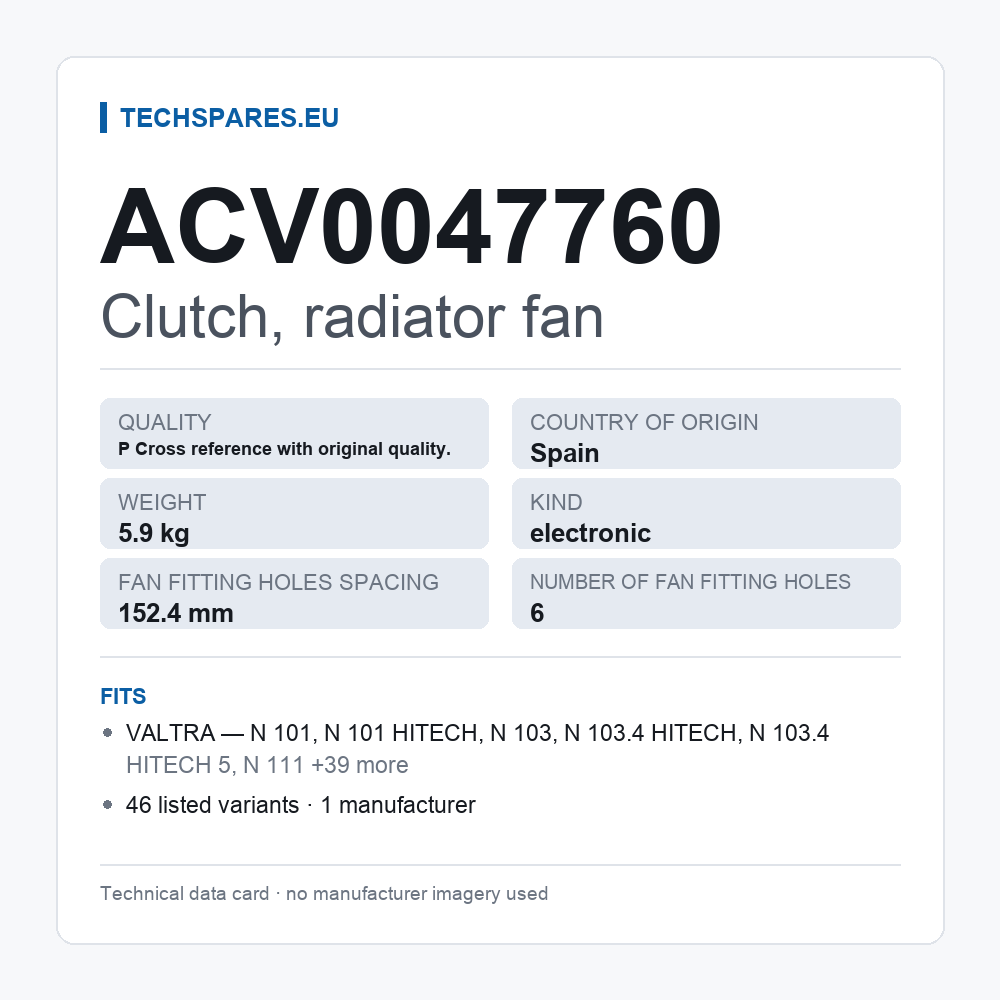 Clutch, radiator fan ACV0047760 — technical data card
