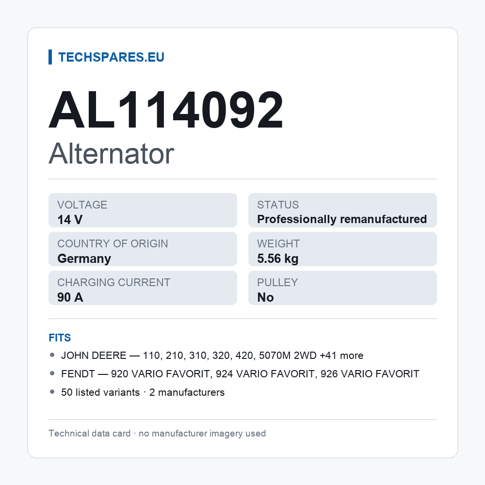 Alternator AL114092 — technical data card