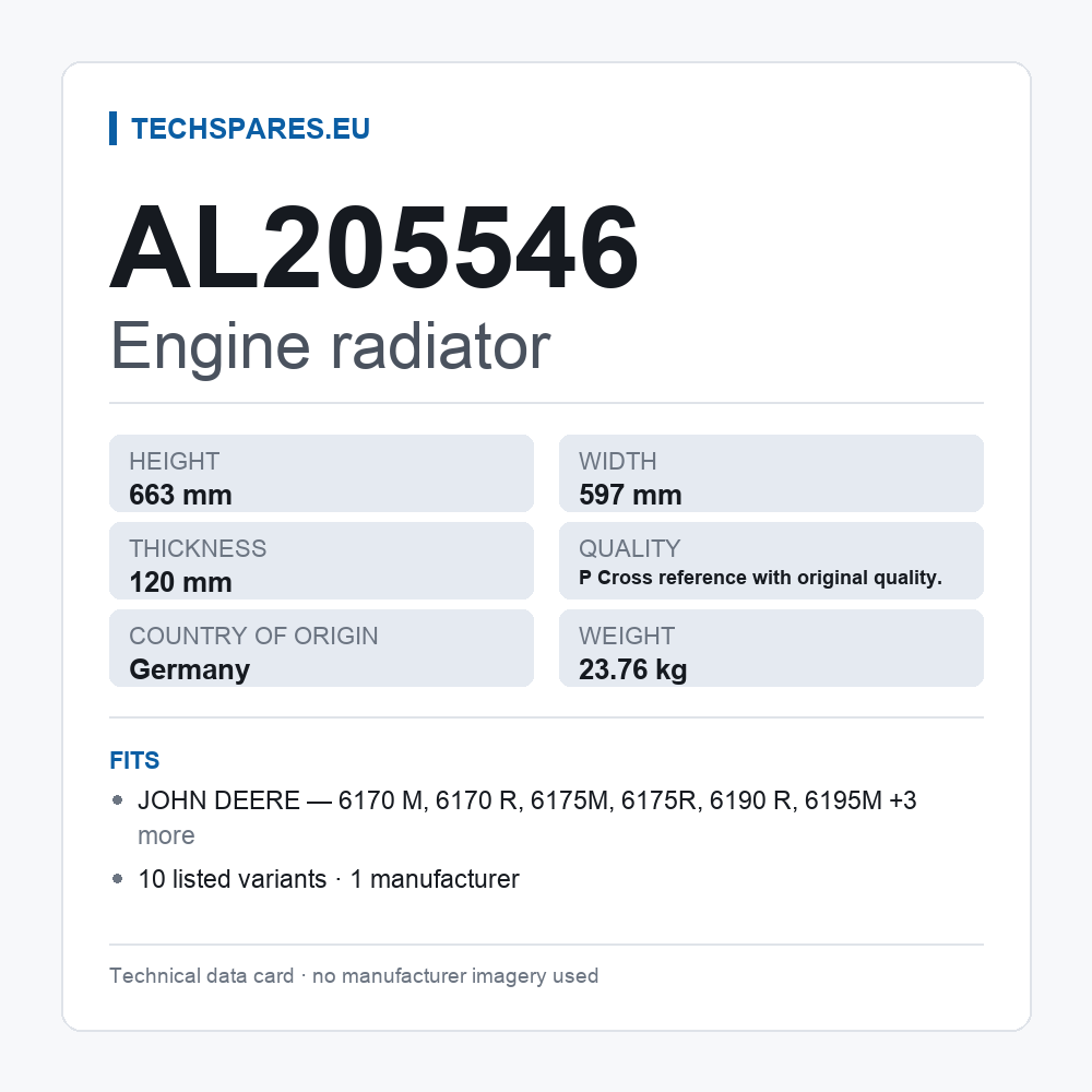Engine radiator AL205546 — technical data card