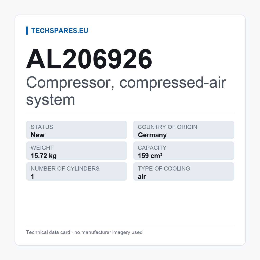 Compressor, compressed-air system AL206926 — technical data card