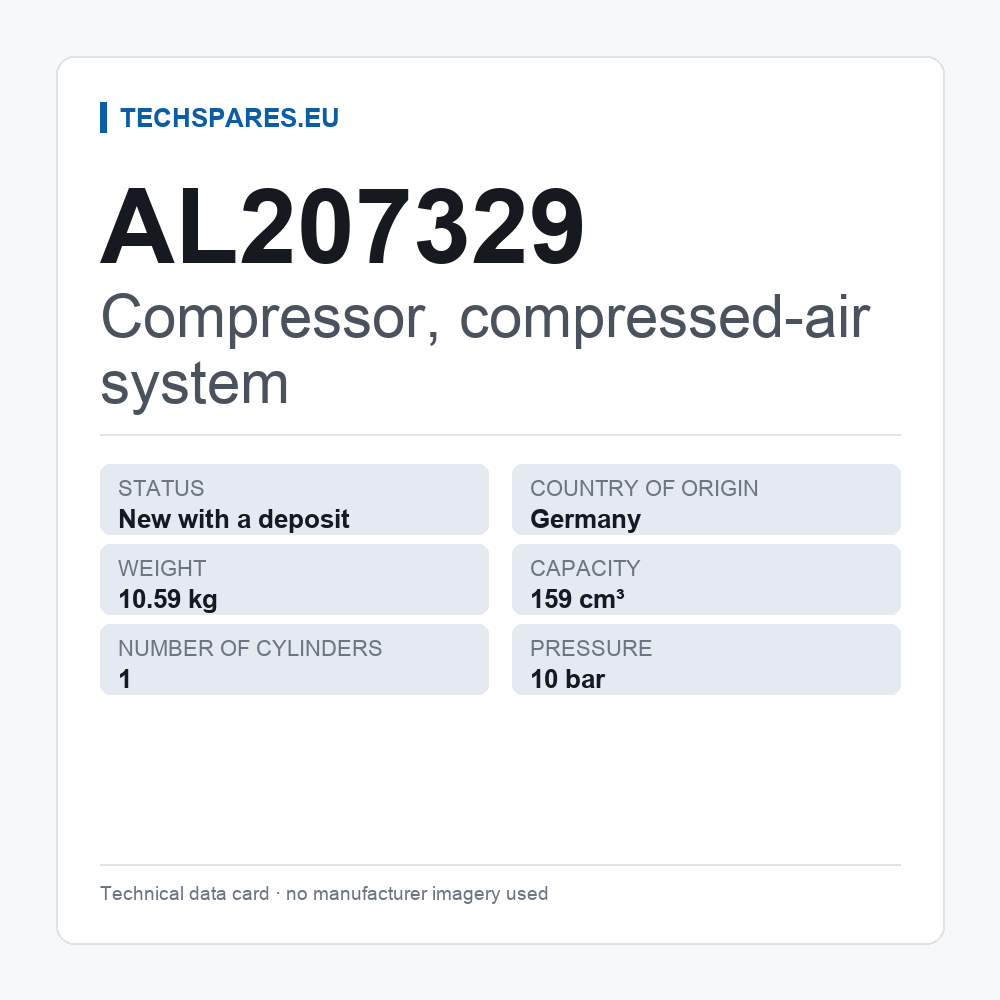 Compressor, compressed-air system AL207329 — technical data card