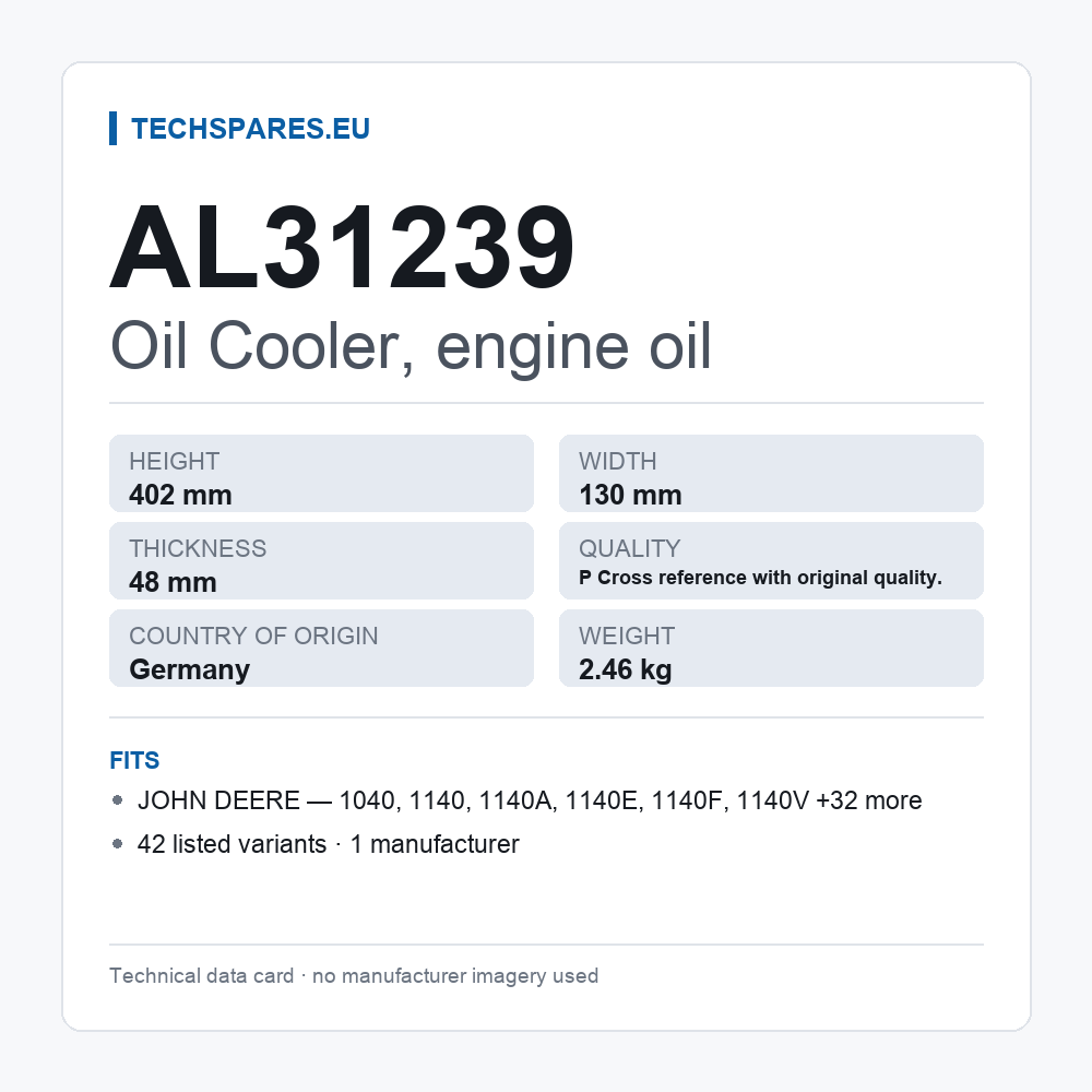 Oliekøler, motorolie AL31239 — teknisk datablad