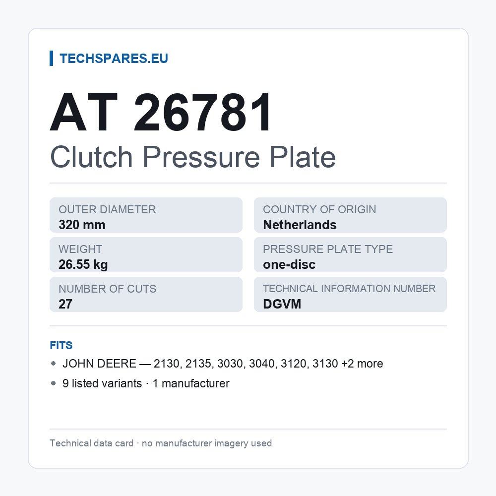 Clutch Pressure Plate AT 26781 — technical data card