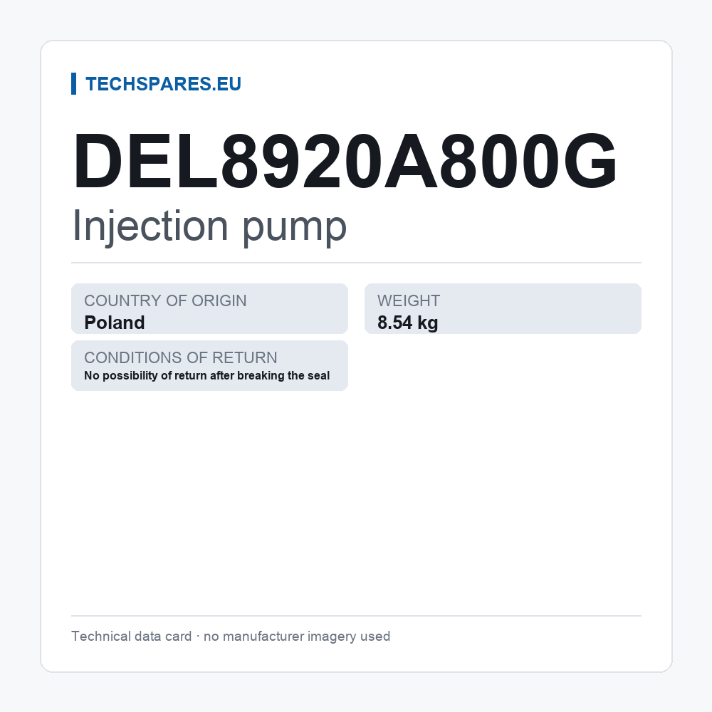 Injection pump DEL8920A800G — technical data card