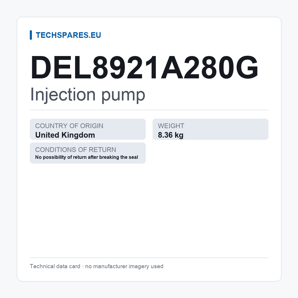 Injection pump DEL8921A280G — technical data card