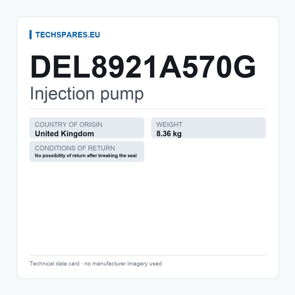 Injection pump DEL8921A570G — technical data card