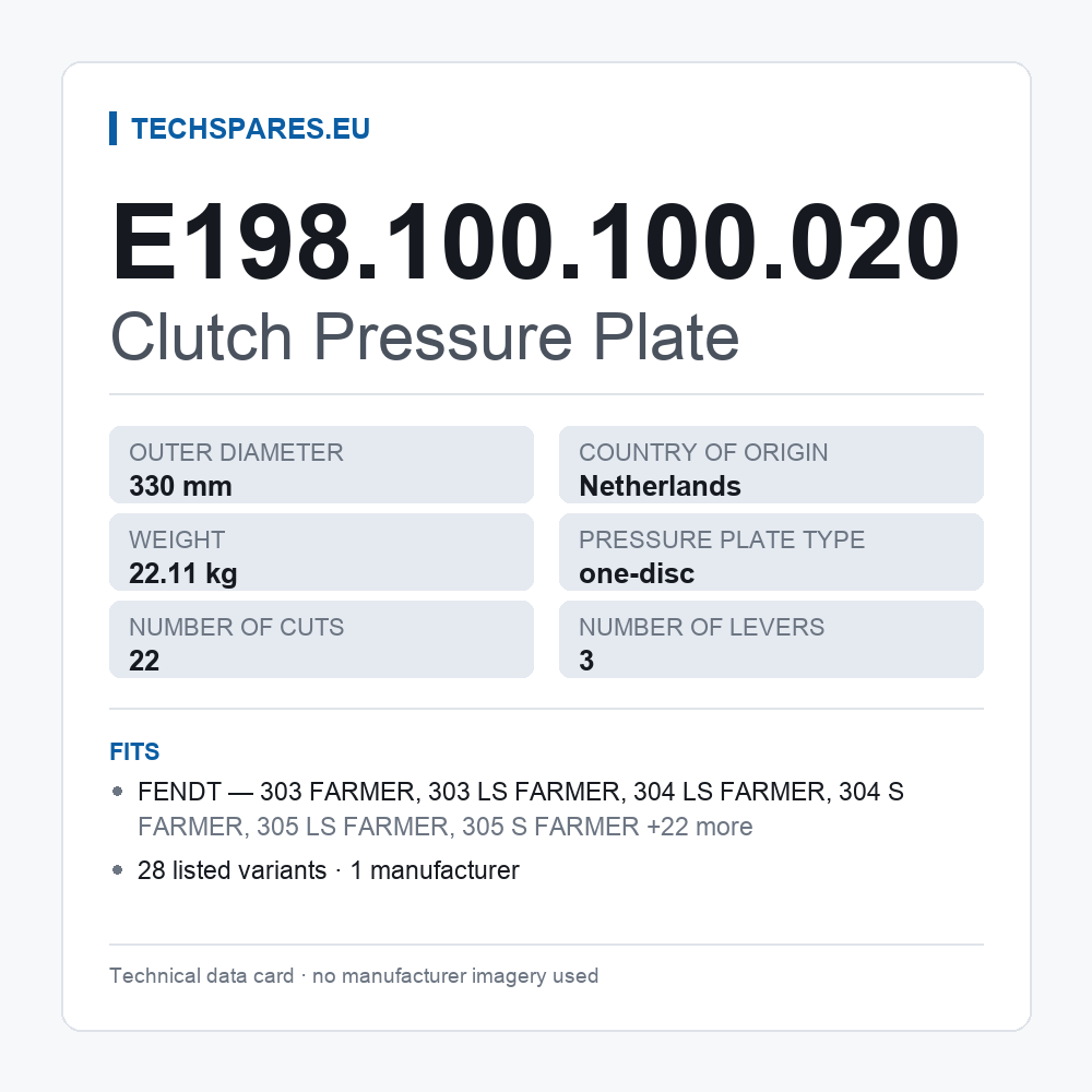 Clutch Pressure Plate E198.100.100.020 — technical data card