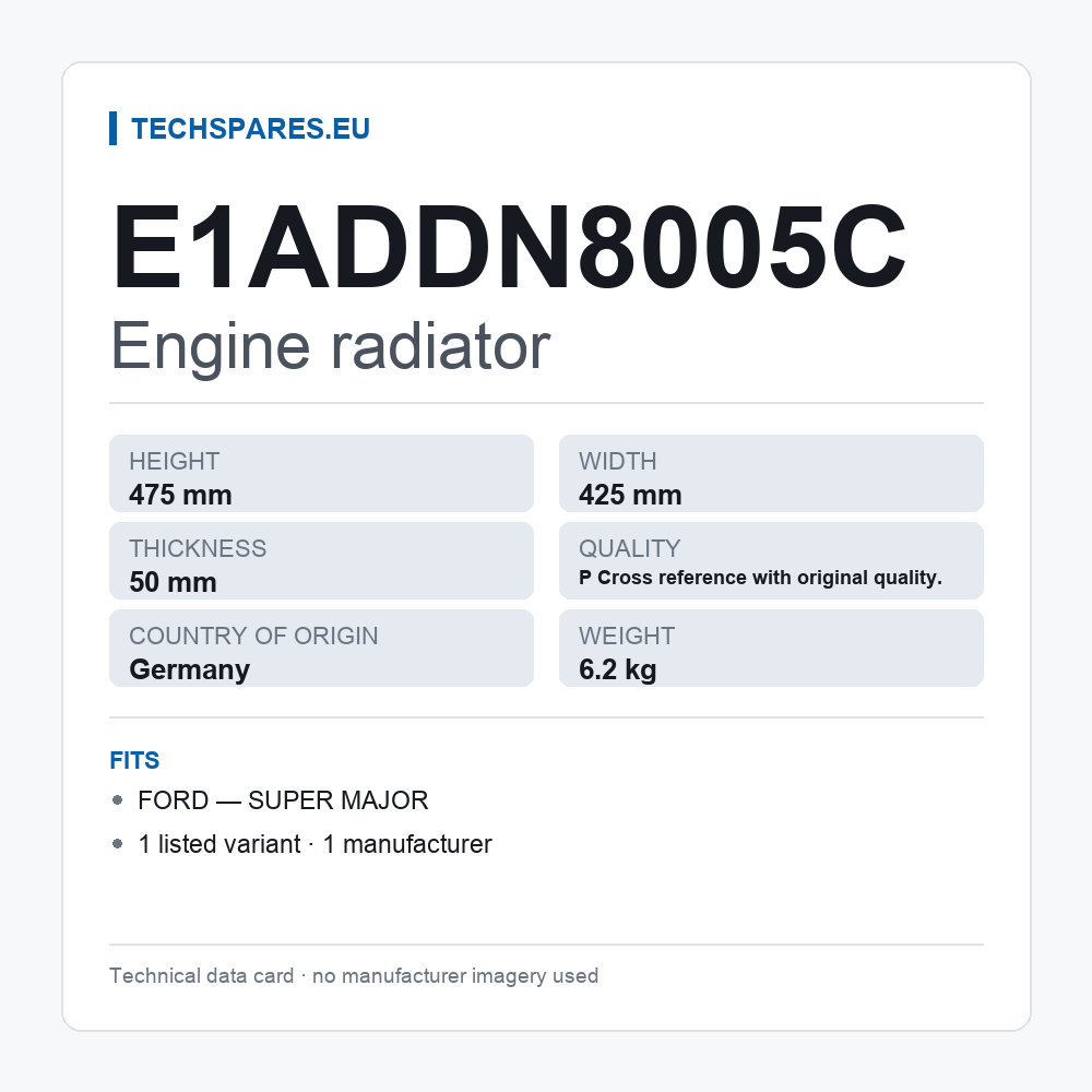 Engine radiator E1ADDN8005C — technical data card