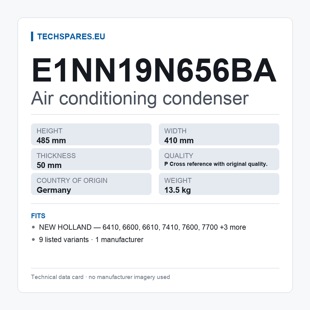 Air conditioning condenser E1NN19N656BA — technical data card