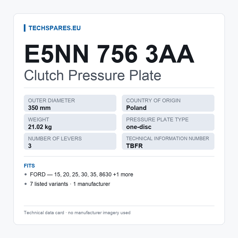 Clutch Pressure Plate E5NN 756 3AA — technical data card
