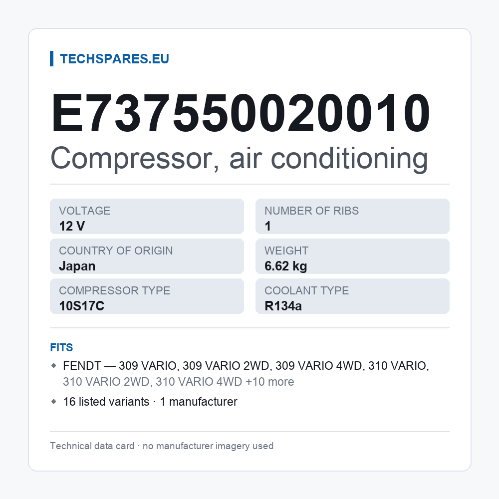 Compressor, air conditioning E737550020010 — technical data card
