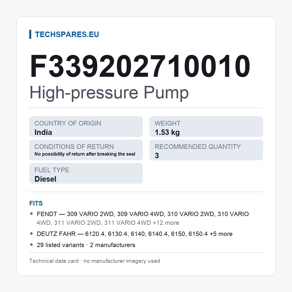 High-pressure Pump F339202710010 — technical data card