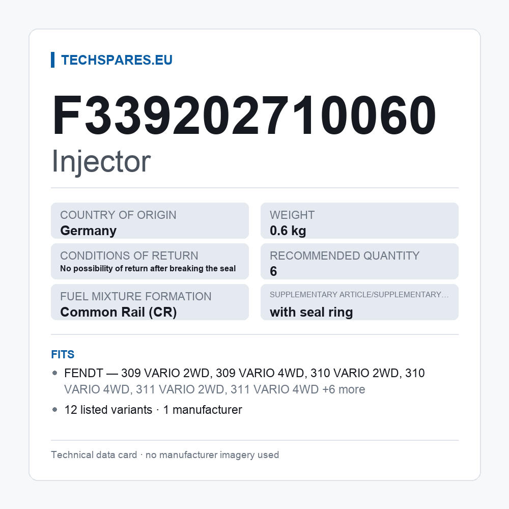 Injector F339202710060 — technical data card