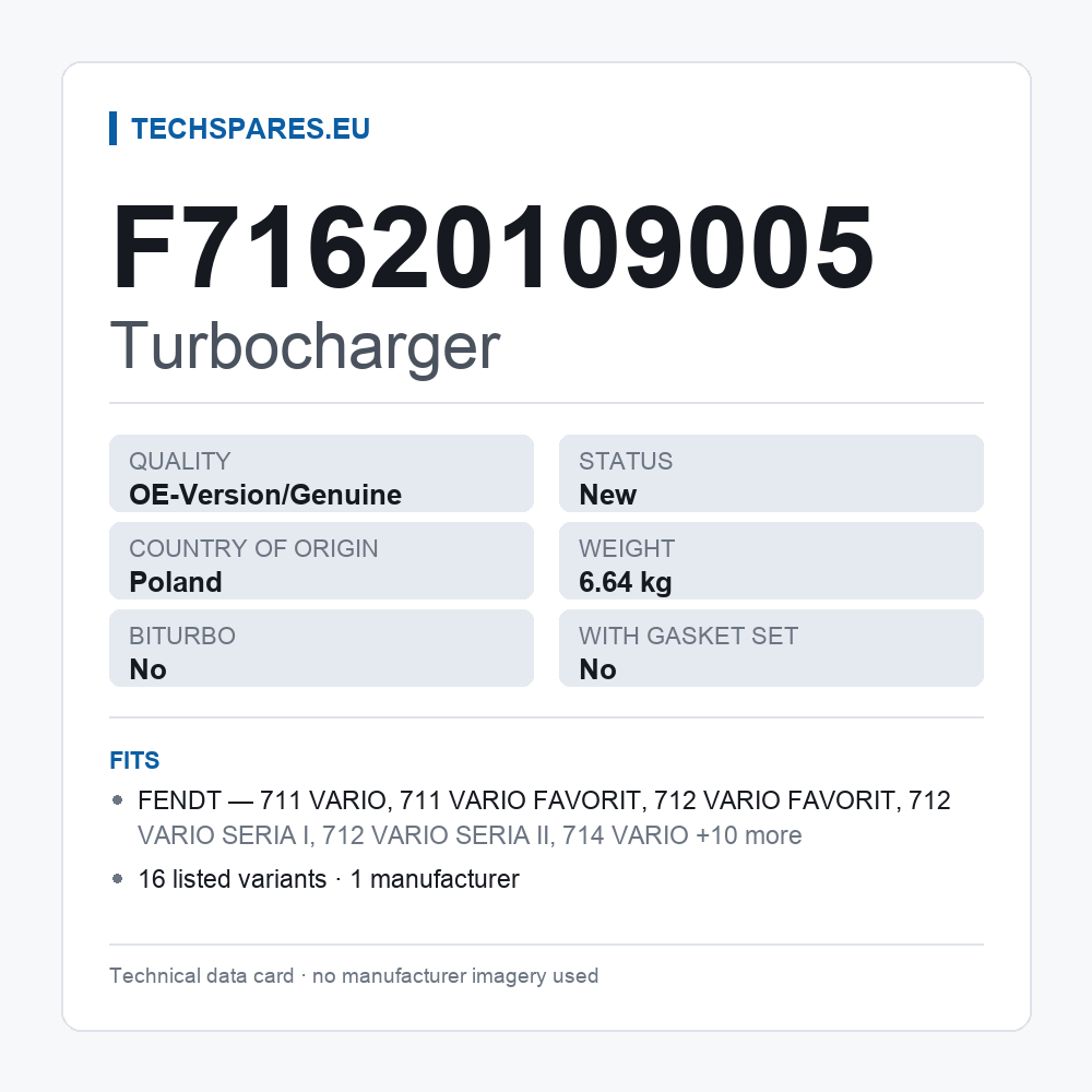 Turbocharger F71620109005 — technical data card