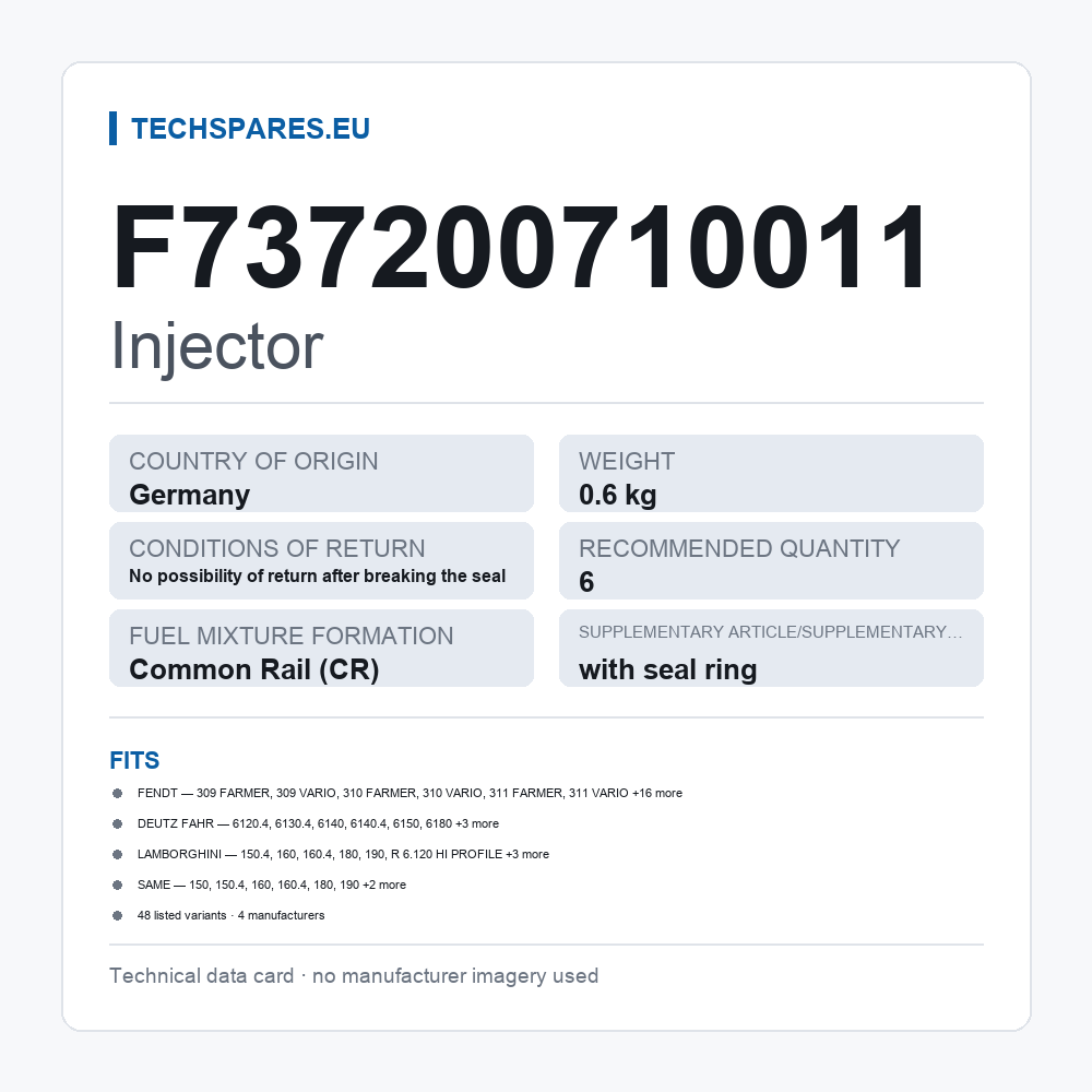 Injector F737200710011 — technical data card
