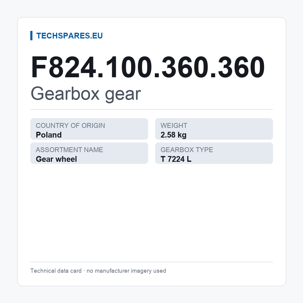 Gearbox gear F824.100.360.360 — technical data card