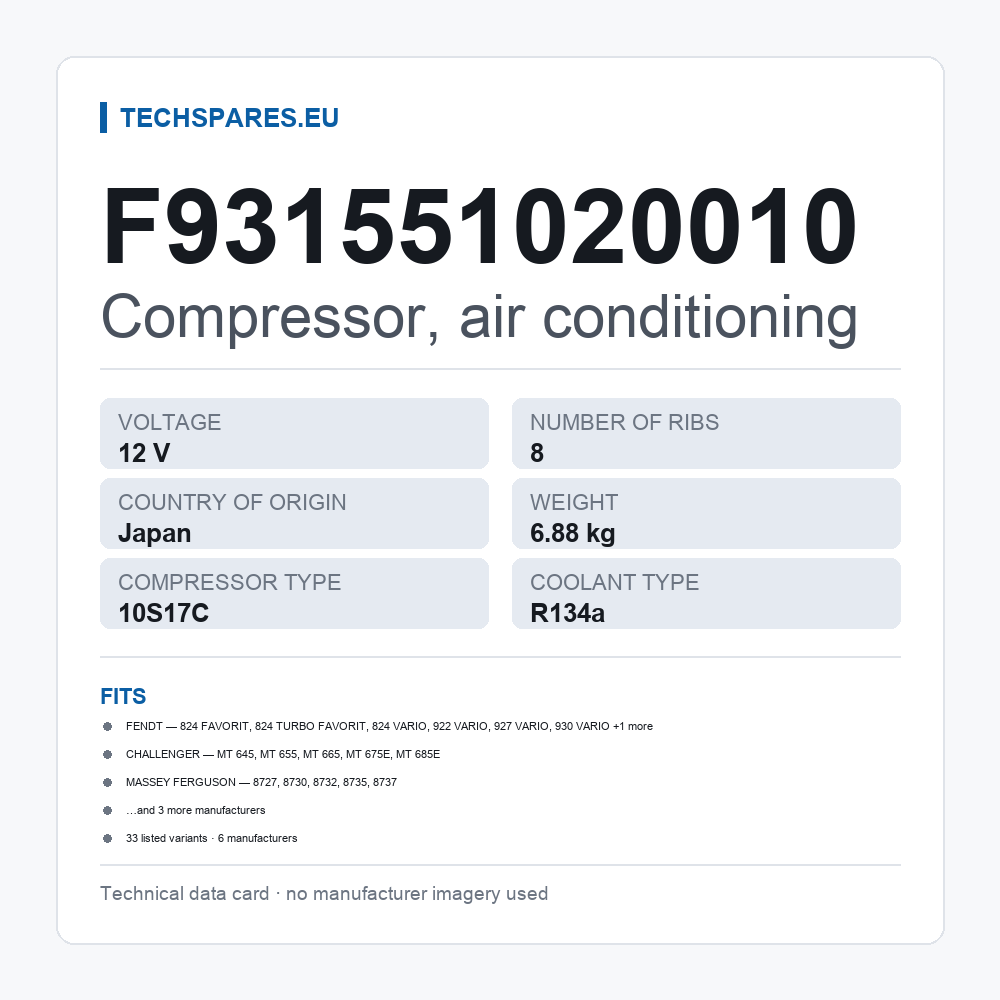 Compressor, air conditioning F931551020010 — technical data card