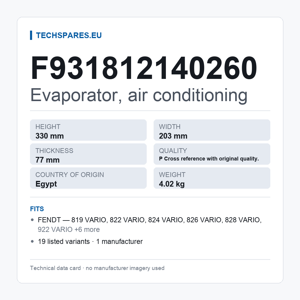 Evaporator, air conditioning F931812140260 — technical data card