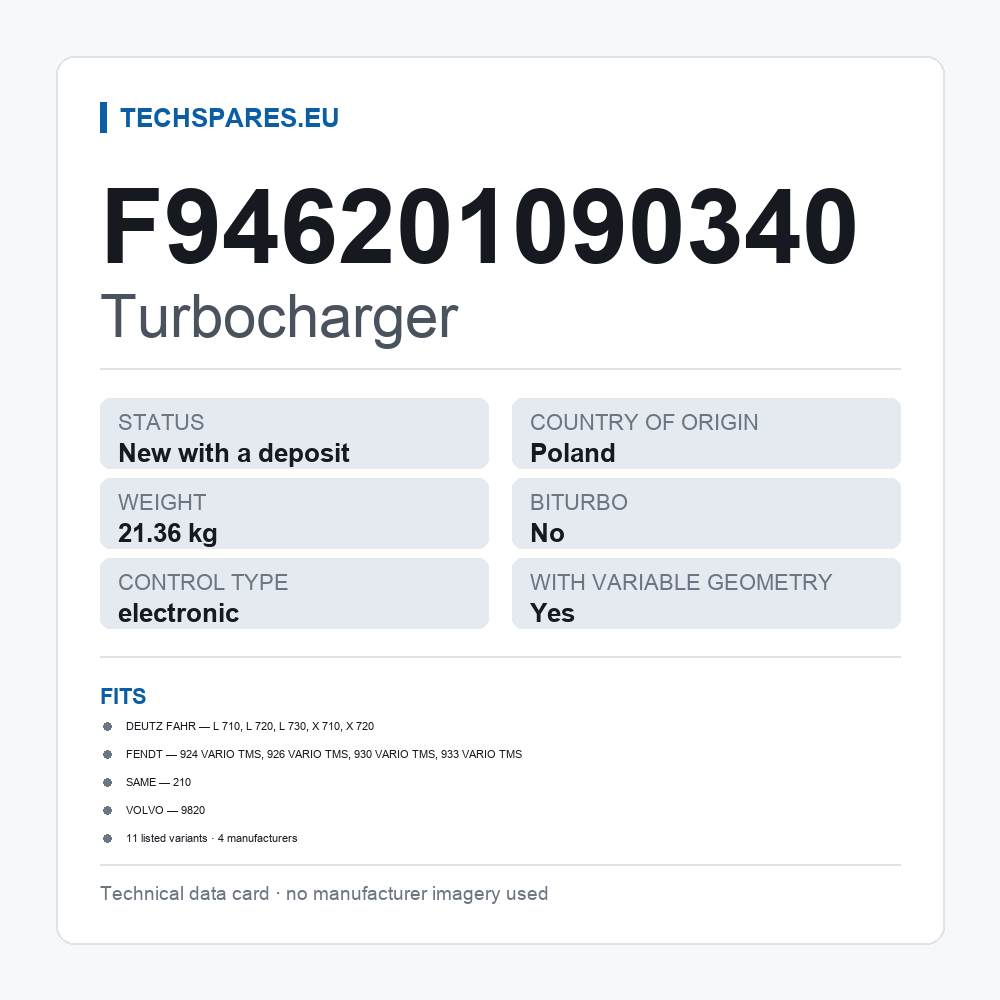 Turbocharger F946201090340 — technical data card