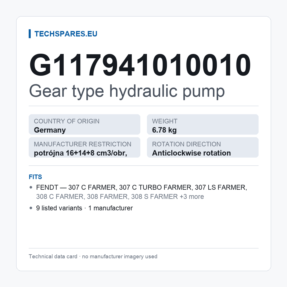Gear type hydraulic pump G117941010010 — technical data card
