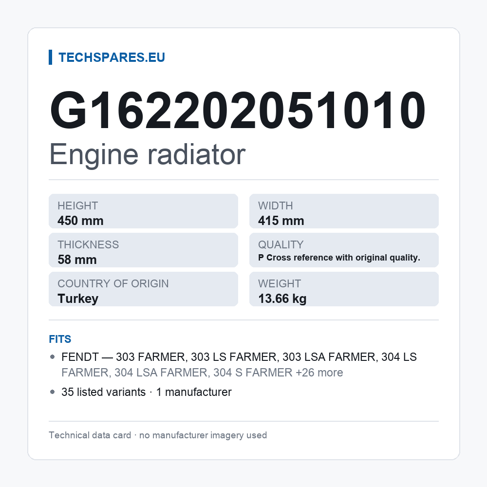 Engine radiator G162202051010 — technical data card